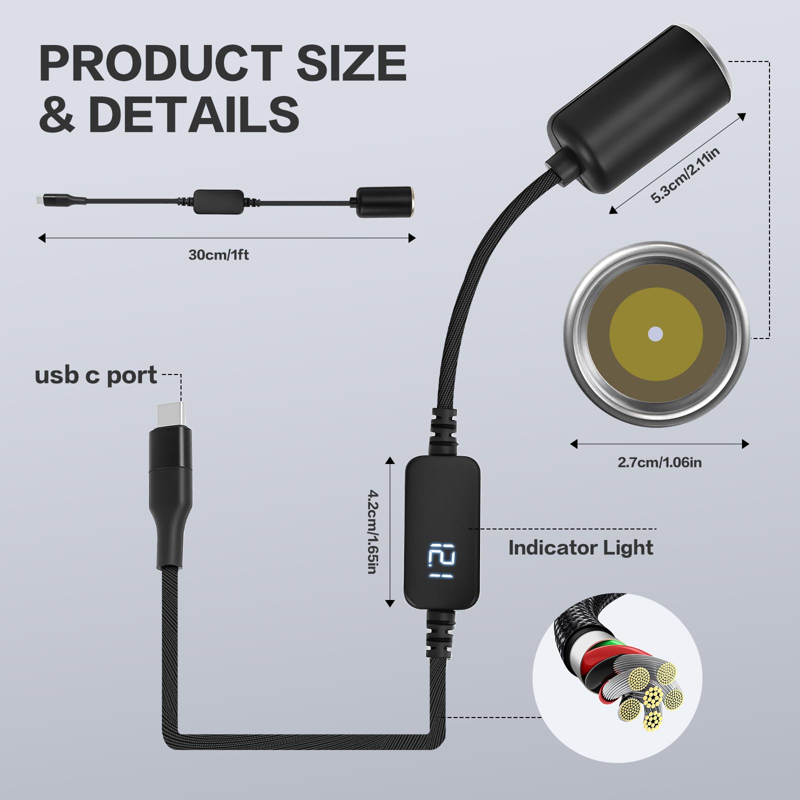 Wymect Usb C To 12V Adapter, Usb C To 12V Cigarette Lighter Adapter ,Type C Male To 12V Cigarette Lighter Socket,For Dash Cam Po
